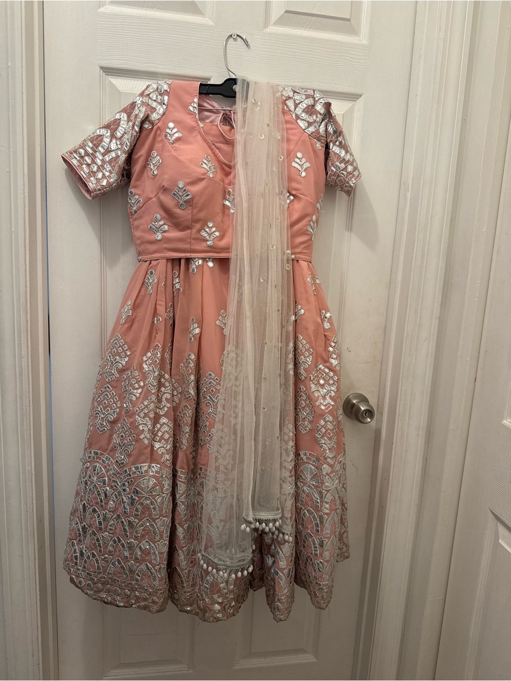 India Boutique Peach and Silver Embroidered Women's Lehenga with Dupatta